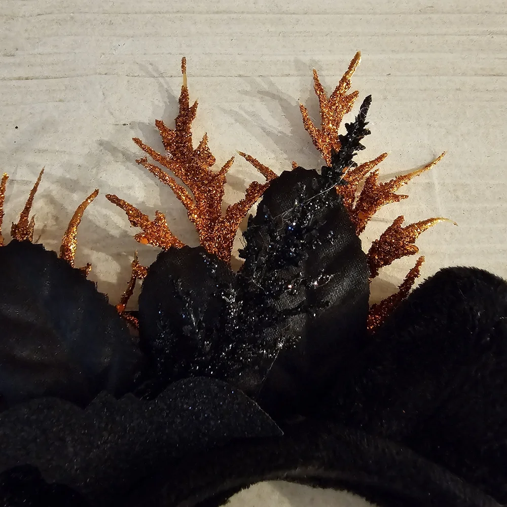 Hand decorated Halloween cat ear head band in black & orange